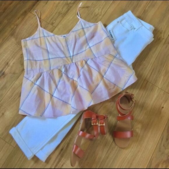 2/$30 Old Navy Pastel Pink Orange Plaid Peplum Top, M - Picture 3 of 7